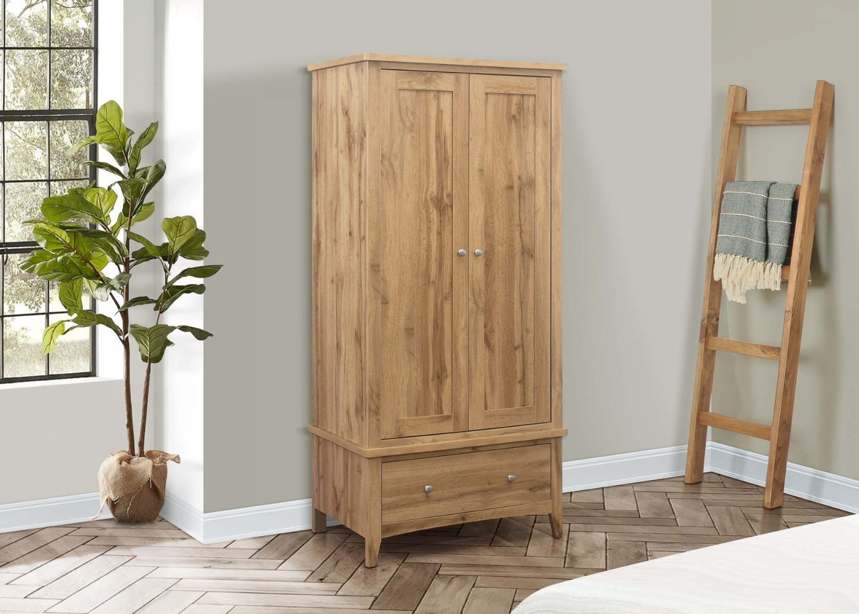 Heath Oak 2 Door 1 Drawer Wardrobe