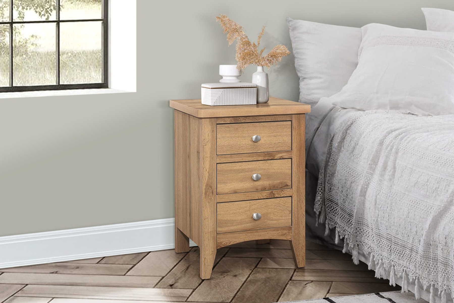 Heath Oak 3 Drawer Bedside