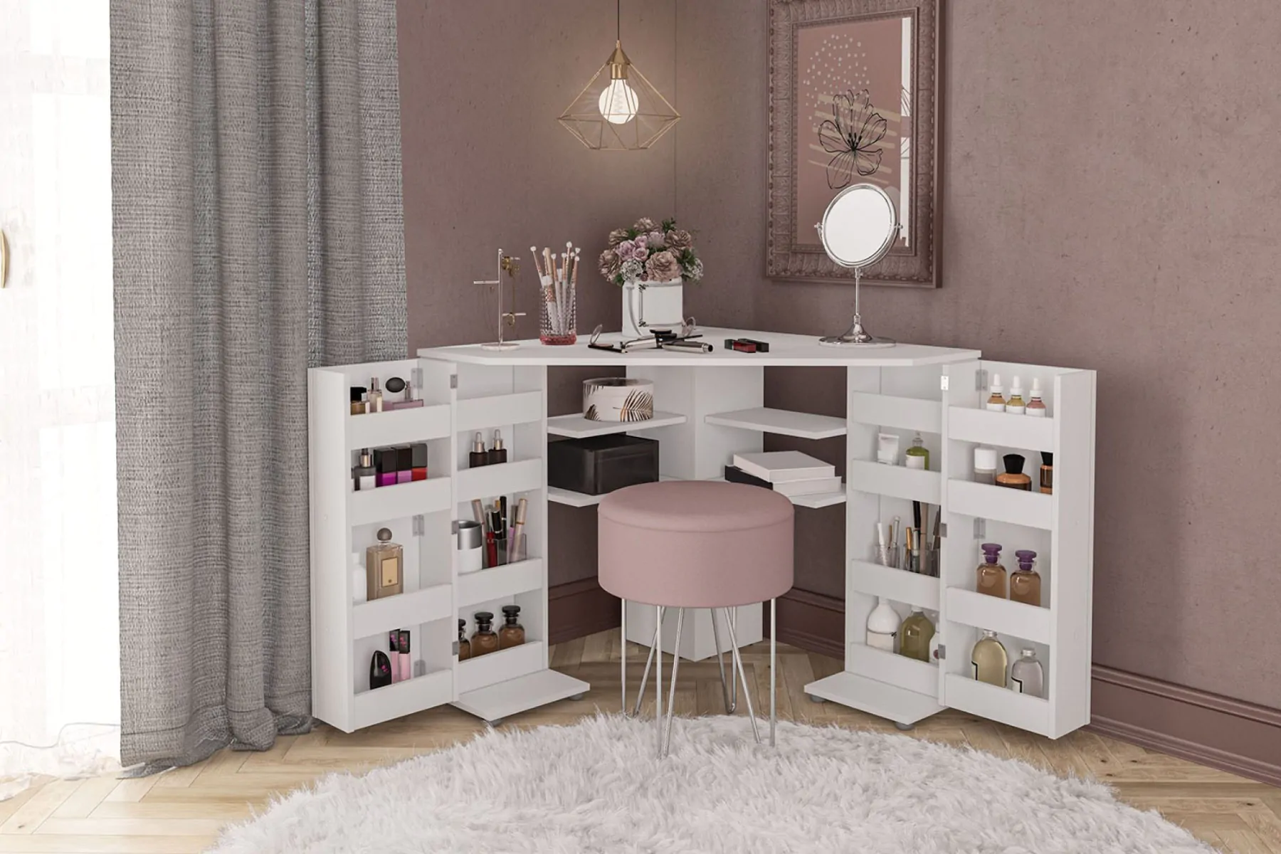 Olivio White Corner Dressing Table With Storage
